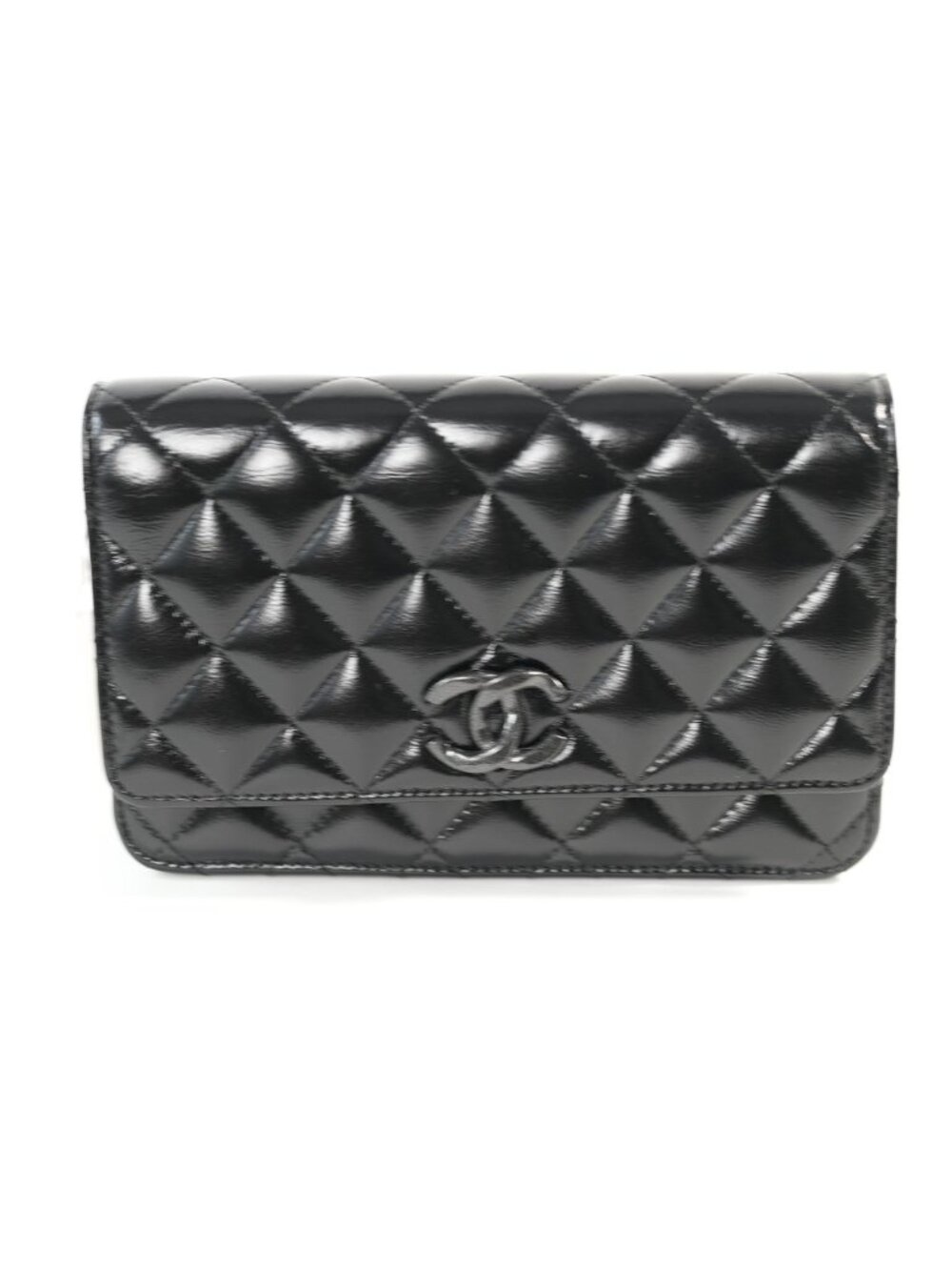 Chanel Black Patent Quilted Wallet On Chain
